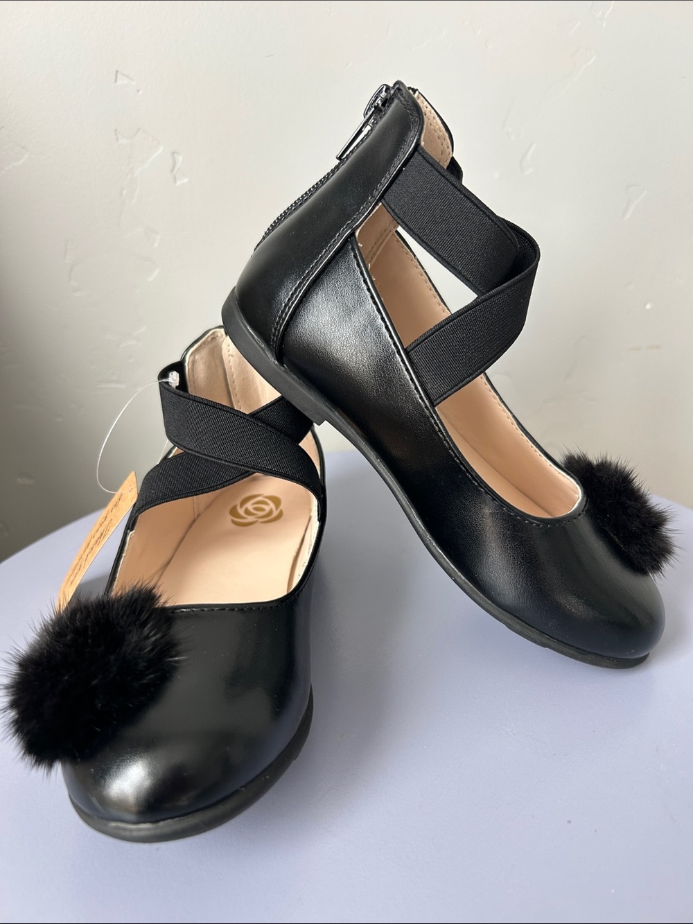 Flex Zone Girls Black Pom-Pom Dress Shoes with Cross Elastic Straps
